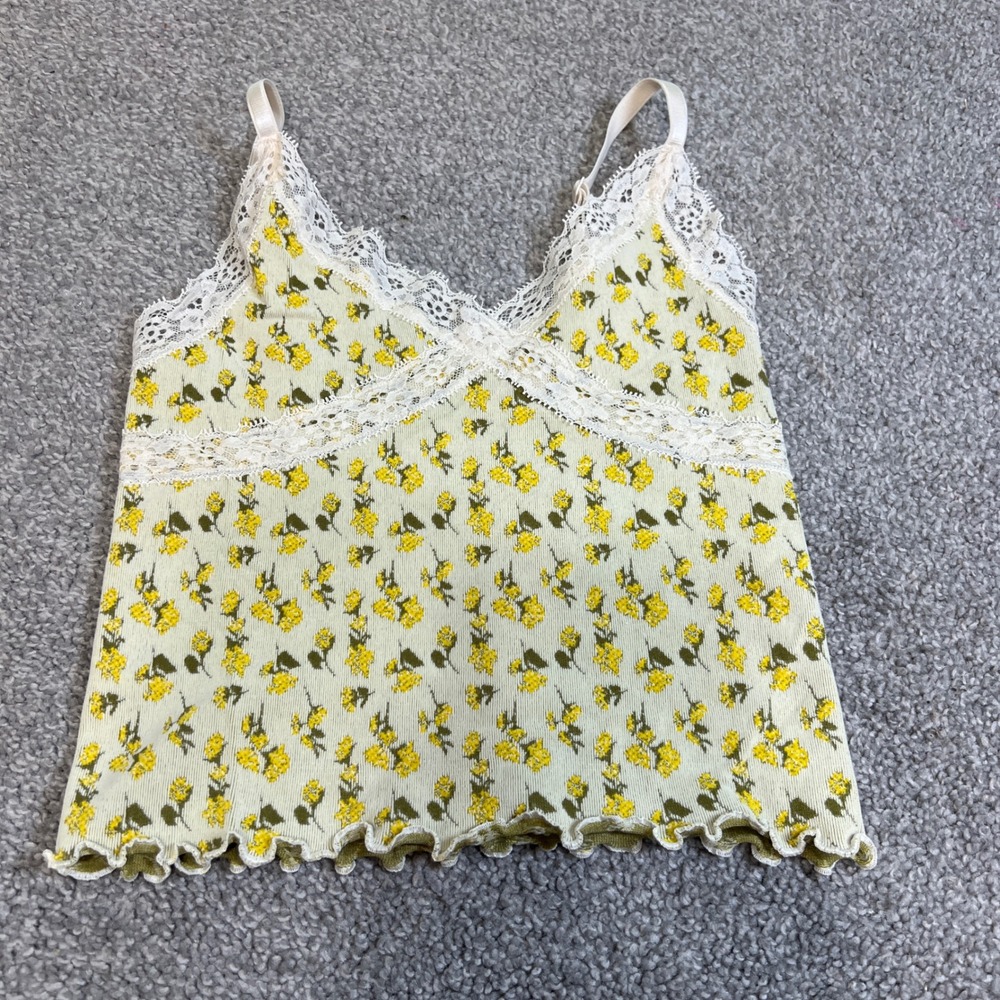 Out From Under Cami Top Womens XS Green Yellow Floral Lace Trim Lettuce Hem